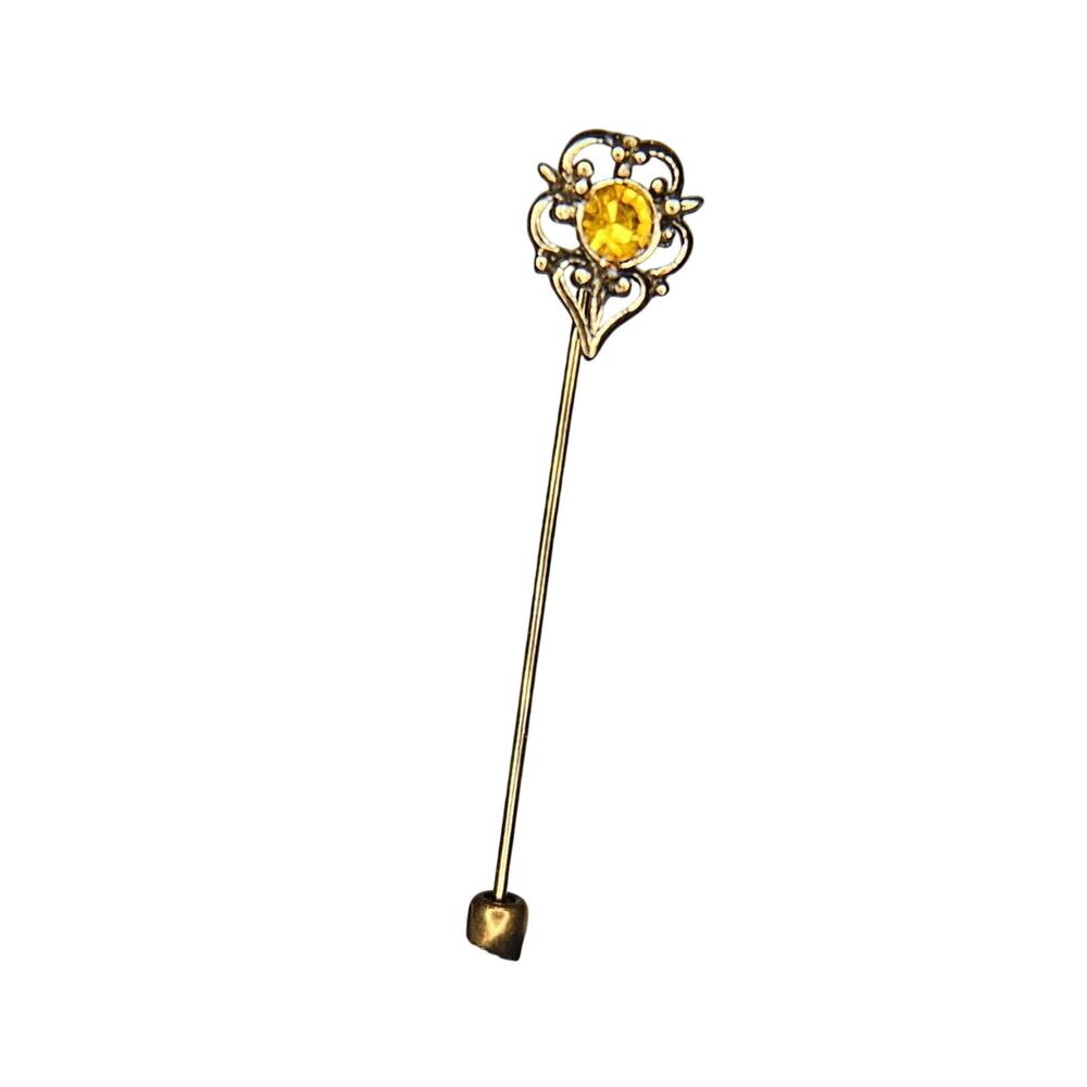 Vintage Goldtone Amber Golden Brown Stick Pin Brooch Hat Pin Floral Demure